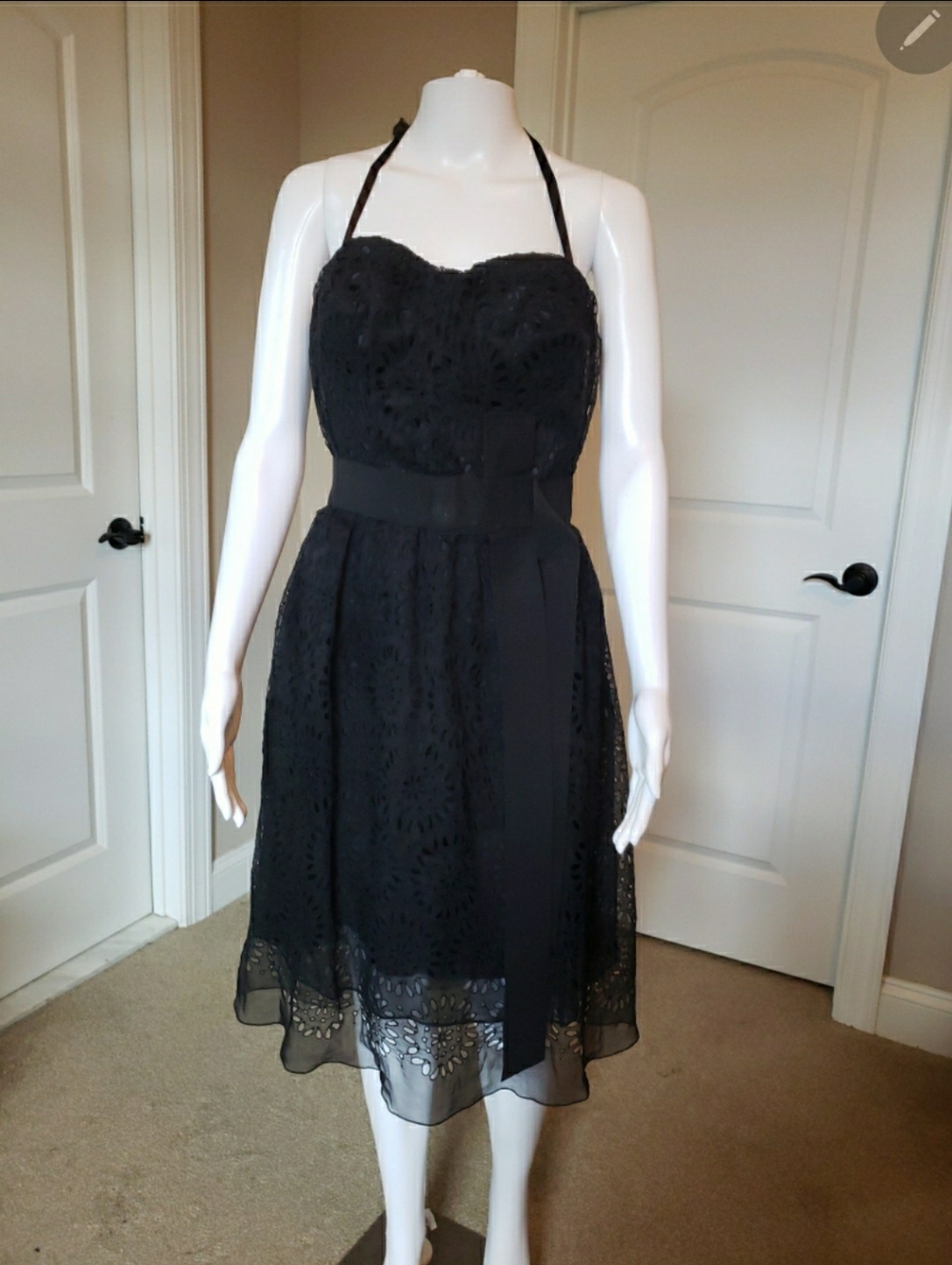 Dolce & Gabbana Black Halter Eyelet Lace Midi Dress with Waist Sash